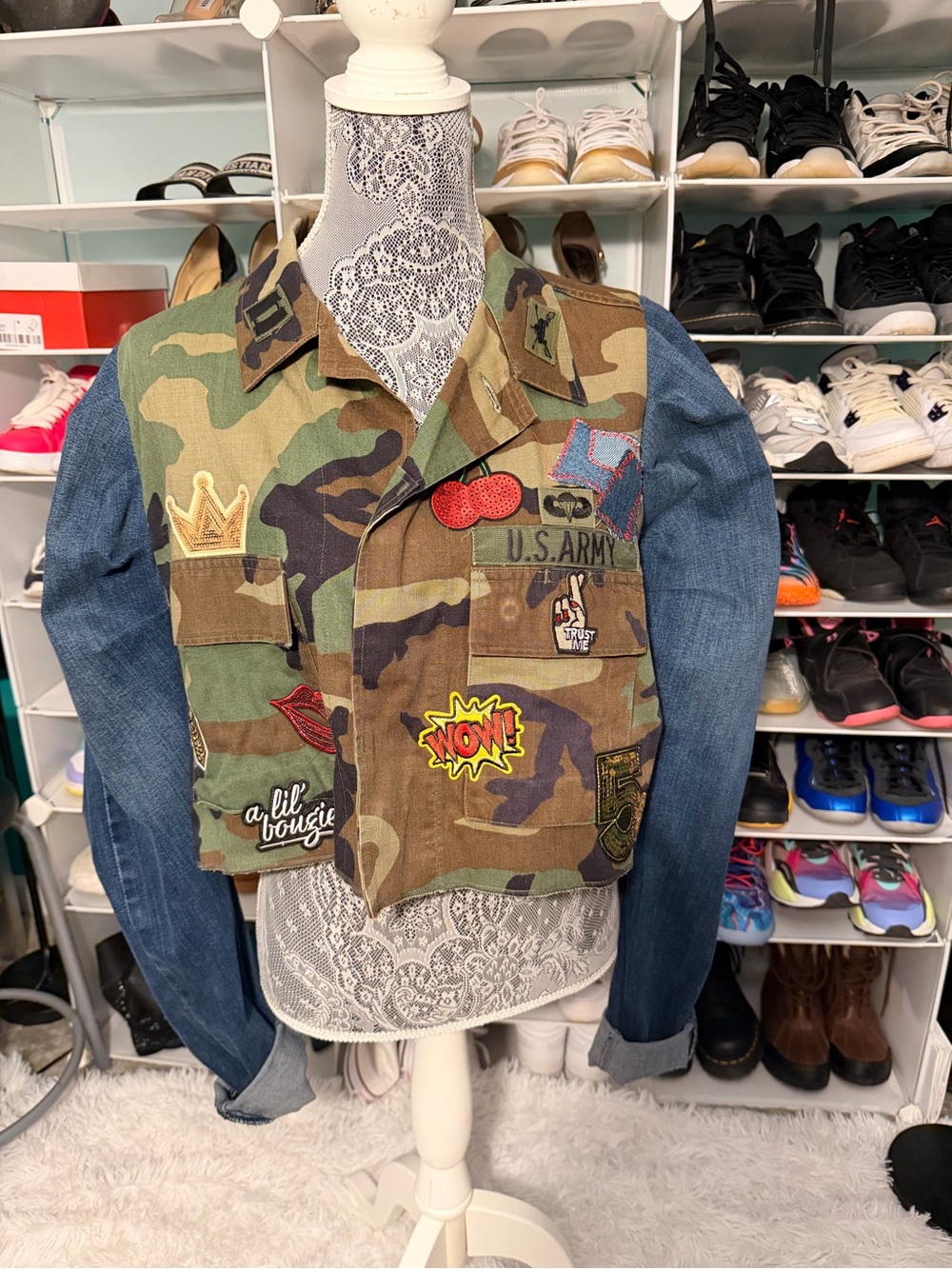 Custom Camo Patchwork Jacket with Denim Sleeves with Porsche Emblem